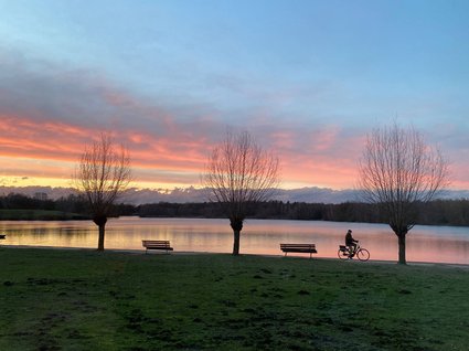 Seeblick: Urlaub am See in NRW Fahrradfahrer am Seeufer bei Sonnenuntergang mit Bänken und kahlen Bäumen