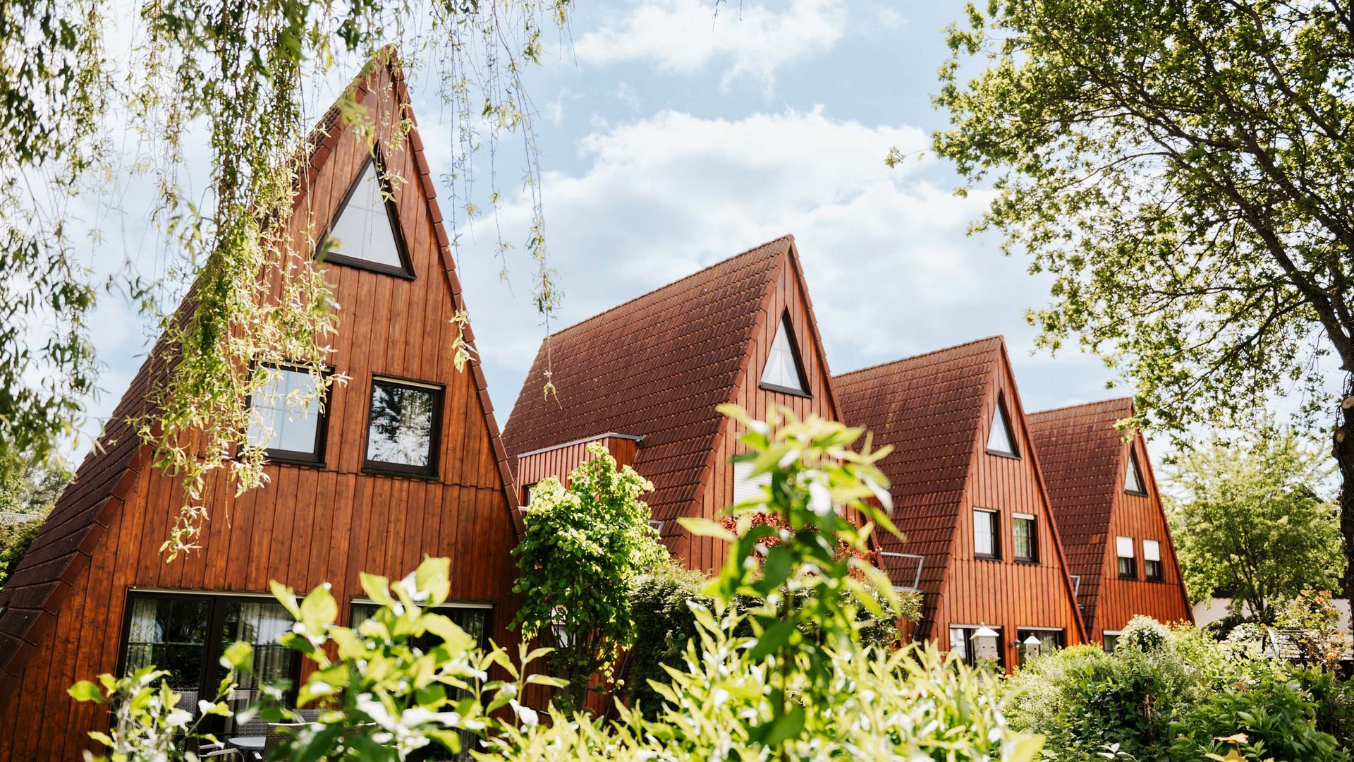 Seeblick Gronau: Urlaub inmitten der Natur Reihe von spitzen Holzhäusern umgeben von grünen Pflanzen und Bäumen