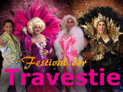 Seeblick Gronau: Urlaub inmitten der Natur Festival der Travestie mit vier kostümierten und geschminkten Künstlern vor glitzerndem Hintergrund